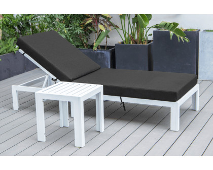 LeisureMod Chelsea Modern Outdoor White Chaise Lounge Chair with Side Table and Cushions - Black