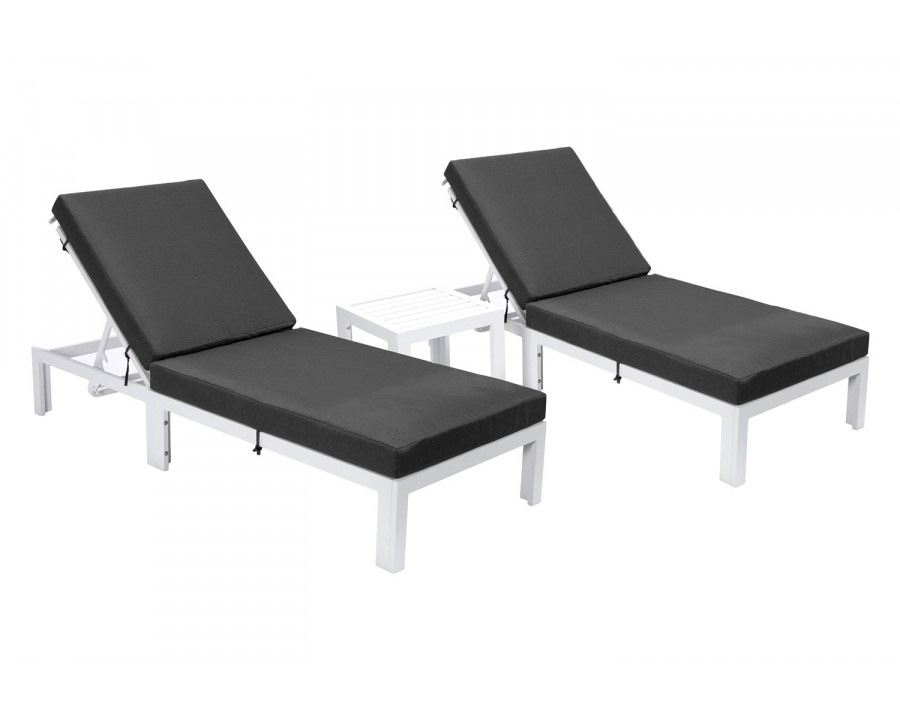 LeisureMod Chelsea Modern Outdoor White Chaise Lounge with Side Table and Cushions (Set Of 2) - Black