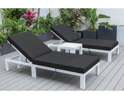 LeisureMod Chelsea Modern Outdoor White Chaise Lounge with Side Table and Cushions (Set Of 2) - Black