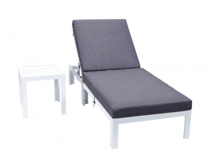 LeisureMod Chelsea Modern Outdoor Weathered Gray Chaise Lounge Chair with Side Table and Cushions