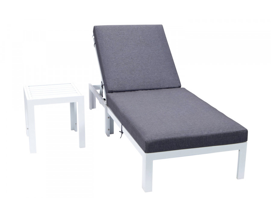 LeisureMod Chelsea Modern Outdoor White Chaise Lounge Chair with Side Table and Cushions - Blue