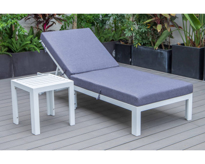 LeisureMod Chelsea Modern Outdoor White Chaise Lounge Chair with Side Table and Cushions - Blue