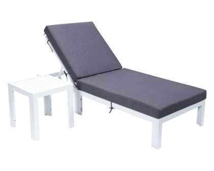 LeisureMod Chelsea Modern Outdoor White Chaise Lounge Chair with Side Table and Cushions - Blue