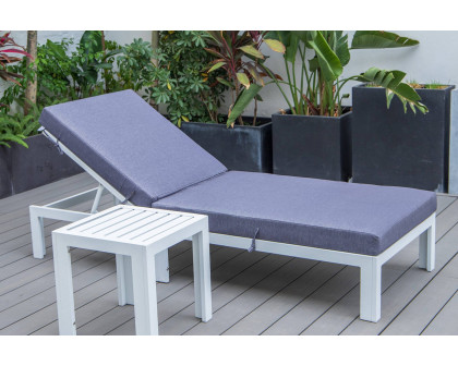 LeisureMod Chelsea Modern Outdoor White Chaise Lounge Chair with Side Table and Cushions - Blue