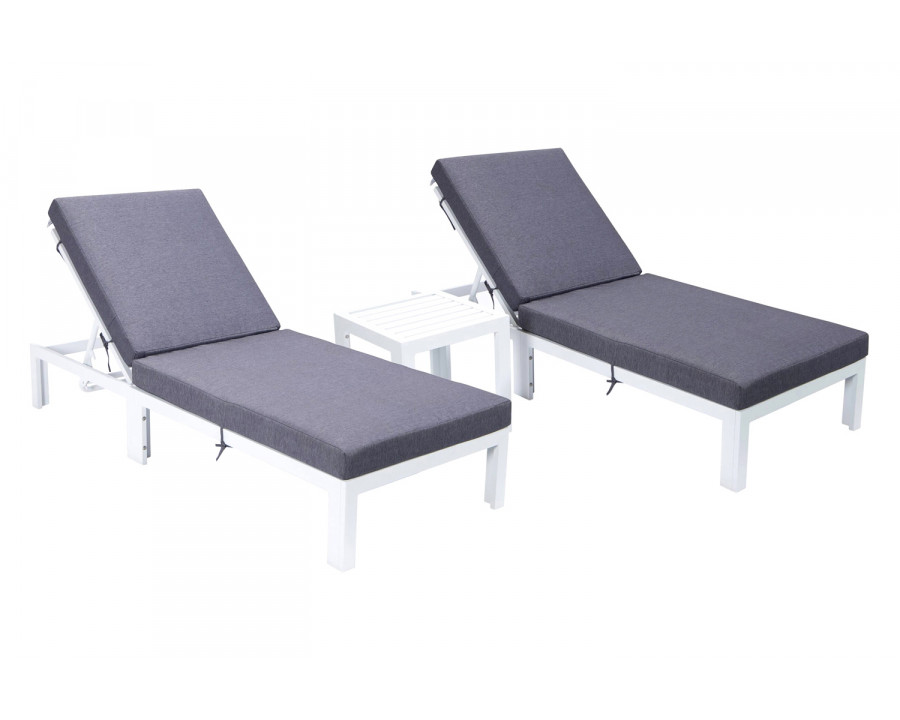 LeisureMod Chelsea Modern Outdoor White Chaise Lounge with Side Table and Cushions (Set Of 2) - Blue