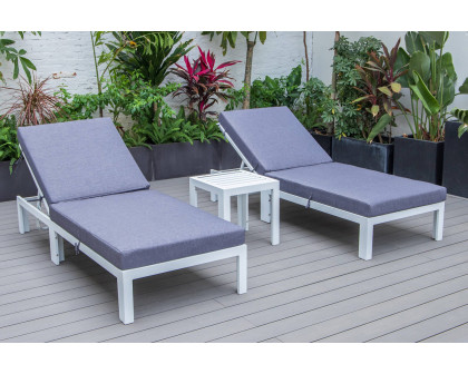 LeisureMod Chelsea Modern Outdoor White Chaise Lounge with Side Table and Cushions (Set Of 2) - Blue