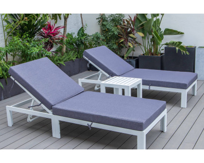 LeisureMod Chelsea Modern Outdoor White Chaise Lounge with Side Table and Cushions (Set Of 2) - Blue