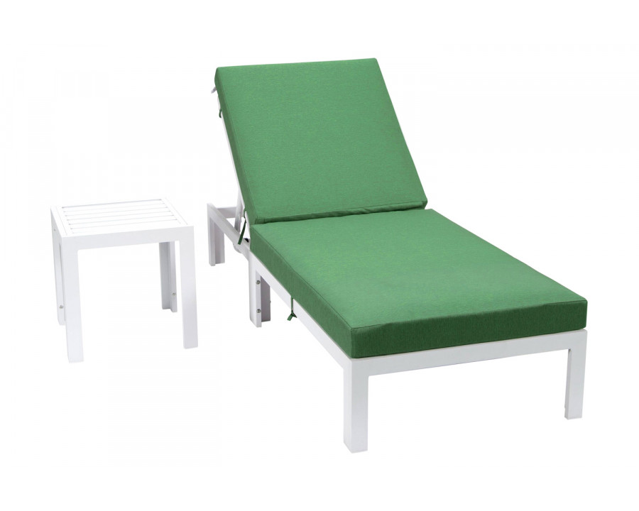 LeisureMod Chelsea Modern Outdoor White Chaise Lounge Chair with Side Table and Cushions - Green