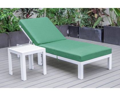 LeisureMod Chelsea Modern Outdoor White Chaise Lounge Chair with Side Table and Cushions - Green