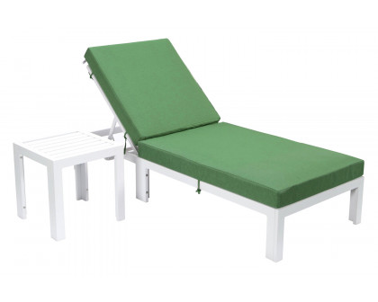 LeisureMod Chelsea Modern Outdoor White Chaise Lounge Chair with Side Table and Cushions - Green