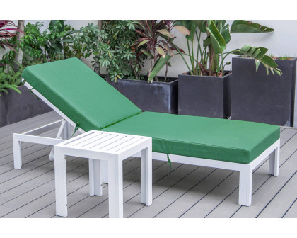 LeisureMod Chelsea Modern Outdoor White Chaise Lounge Chair with Side Table and Cushions - Green