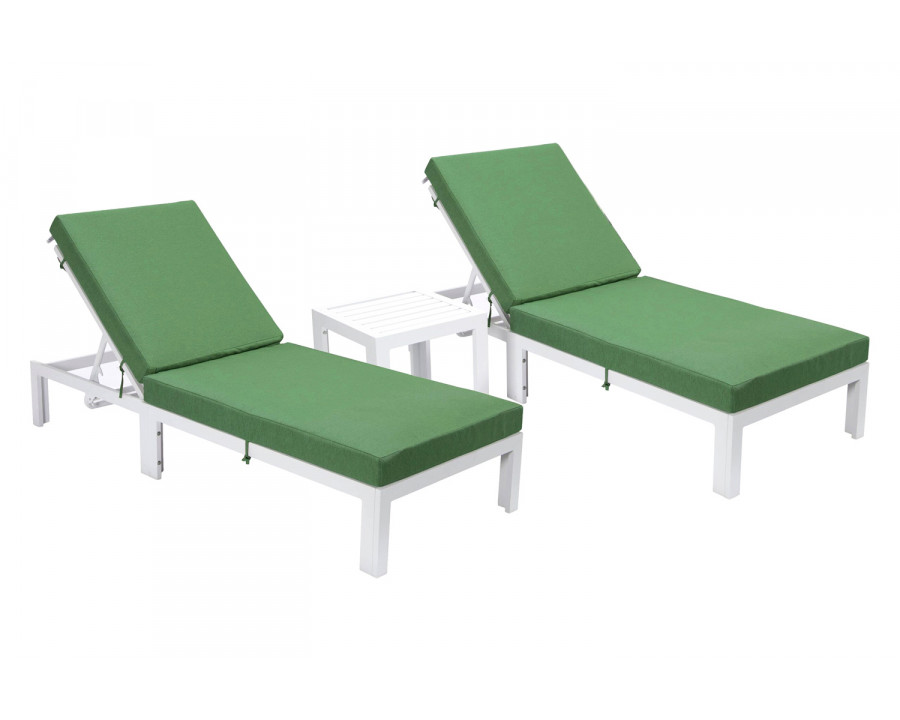 LeisureMod Chelsea Modern Outdoor White Chaise Lounge with Side Table and Cushions (Set Of 2) - Green