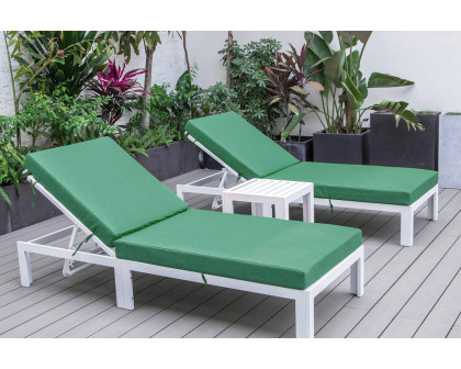 LeisureMod Chelsea Modern Outdoor White Chaise Lounge with Side Table and Cushions (Set Of 2) - Green