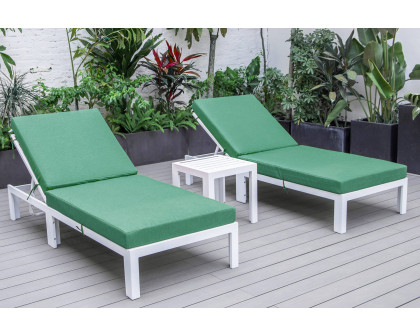 LeisureMod Chelsea Modern Outdoor White Chaise Lounge with Side Table and Cushions (Set Of 2) - Green