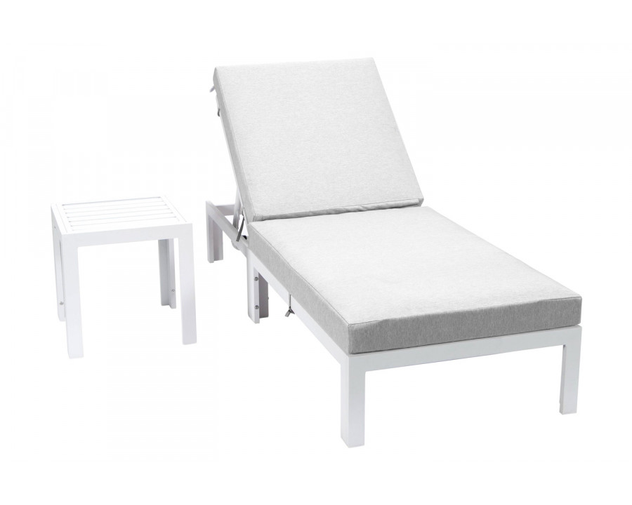 LeisureMod Chelsea Modern Outdoor White Chaise Lounge Chair with Side Table and Cushions - Light Gray