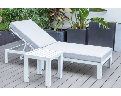 LeisureMod Chelsea Modern Outdoor White Chaise Lounge Chair with Side Table and Cushions - Light Gray