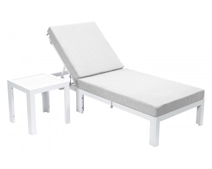 LeisureMod Chelsea Modern Outdoor White Chaise Lounge Chair with Side Table and Cushions - Light Gray