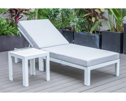 LeisureMod Chelsea Modern Outdoor White Chaise Lounge Chair with Side Table and Cushions - Light Gray