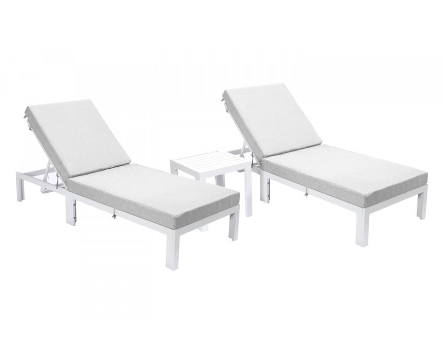 LeisureMod Chelsea Modern Outdoor White Chaise Lounge with Side Table and Cushions (Set Of 2) - Light Gray