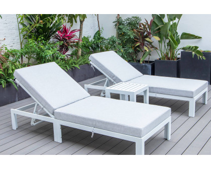 LeisureMod Chelsea Modern Outdoor White Chaise Lounge with Side Table and Cushions (Set Of 2) - Light Gray