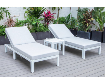 LeisureMod Chelsea Modern Outdoor White Chaise Lounge with Side Table and Cushions (Set Of 2) - Light Gray