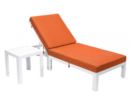 LeisureMod Chelsea Modern Outdoor White Chaise Lounge Chair with Side Table and Cushions - Orange