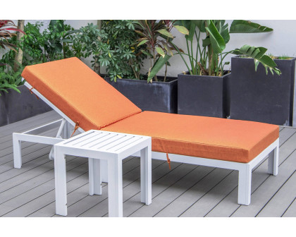 LeisureMod Chelsea Modern Outdoor White Chaise Lounge Chair with Side Table and Cushions - Orange