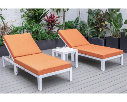 LeisureMod Chelsea Modern Outdoor White Chaise Lounge with Side Table and Cushions (Set Of 2) - Orange