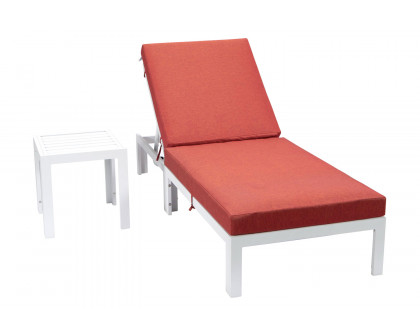 LeisureMod Chelsea Modern Outdoor Weathered Gray Chaise Lounge Chair with Side Table and Cushions