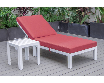 LeisureMod Chelsea Modern Outdoor White Chaise Lounge Chair with Side Table and Cushions - Red