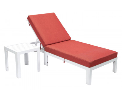 LeisureMod Chelsea Modern Outdoor White Chaise Lounge Chair with Side Table and Cushions - Red