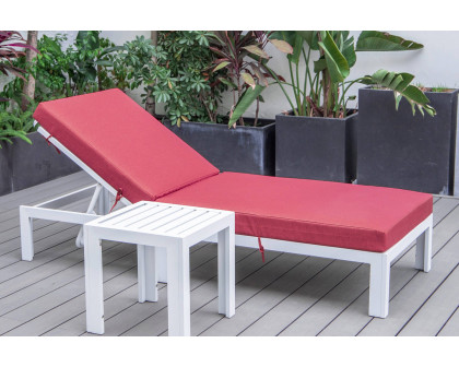 LeisureMod Chelsea Modern Outdoor White Chaise Lounge Chair with Side Table and Cushions - Red