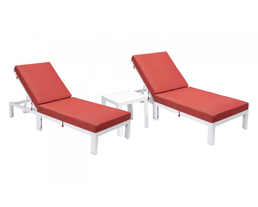 LeisureMod Chelsea Modern Outdoor White Chaise Lounge with Side Table and Cushions (Set Of 2) - Red