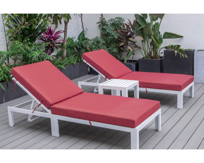 LeisureMod Chelsea Modern Outdoor White Chaise Lounge with Side Table and Cushions (Set Of 2) - Red