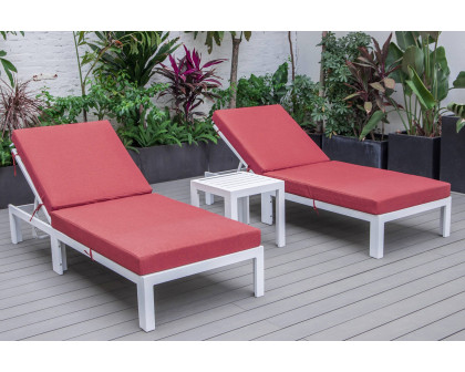 LeisureMod Chelsea Modern Outdoor White Chaise Lounge with Side Table and Cushions (Set Of 2) - Red