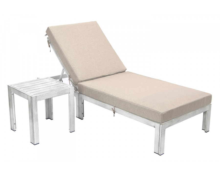 LeisureMod Chelsea Modern Outdoor Weathered Gray Chaise Lounge Chair with Side Table and Cushions - Beige