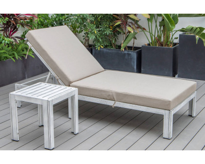 LeisureMod Chelsea Modern Outdoor Weathered Gray Chaise Lounge Chair with Side Table and Cushions - Beige