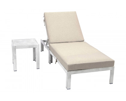 LeisureMod Chelsea Modern Outdoor Weathered Gray Chaise Lounge Chair with Side Table and Cushions - Beige