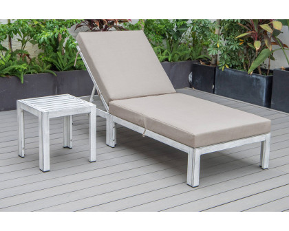 LeisureMod Chelsea Modern Outdoor Weathered Gray Chaise Lounge Chair with Side Table and Cushions - Beige