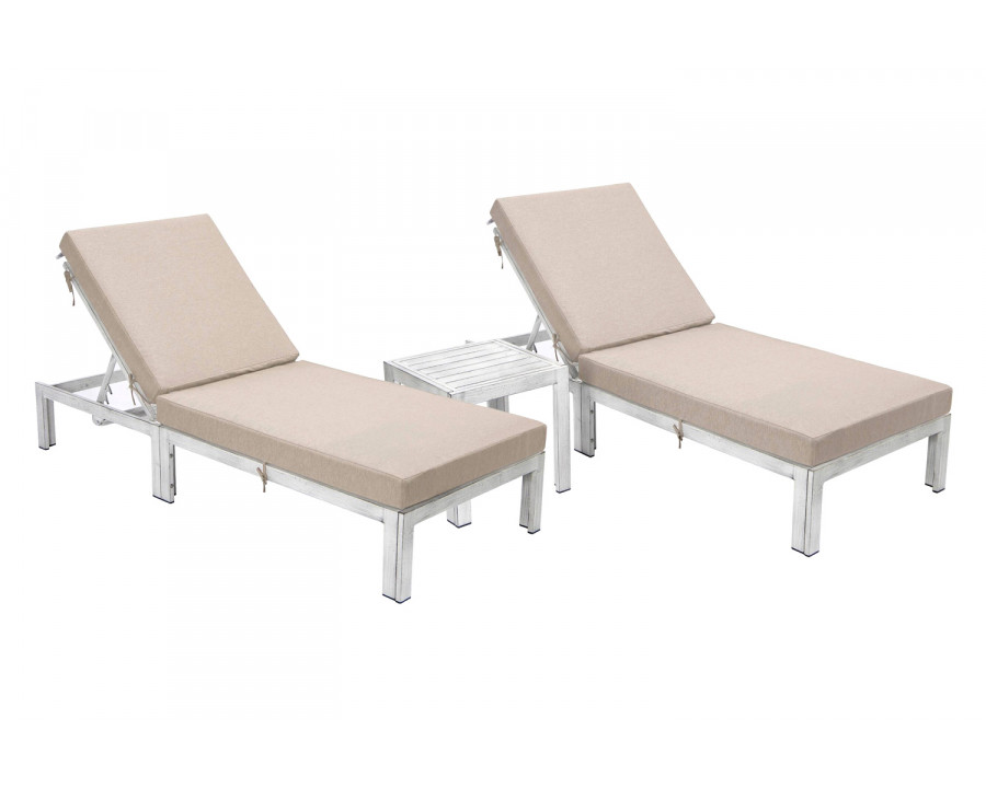 LeisureMod Chelsea Modern Outdoor Weathered Gray Chaise Lounge with Side Table and Cushions (Set Of 2) - Beige