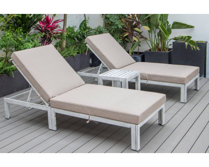 LeisureMod Chelsea Modern Outdoor Weathered Gray Chaise Lounge with Side Table and Cushions (Set Of 2) - Beige