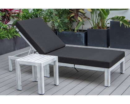 LeisureMod Chelsea Modern Outdoor Weathered Gray Chaise Lounge Chair with Side Table and Cushions - Black