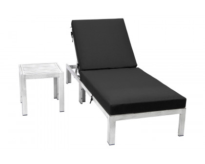 LeisureMod Chelsea Modern Outdoor Weathered Gray Chaise Lounge Chair with Side Table and Cushions - Black