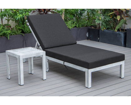 LeisureMod Chelsea Modern Outdoor Weathered Gray Chaise Lounge Chair with Side Table and Cushions - Black