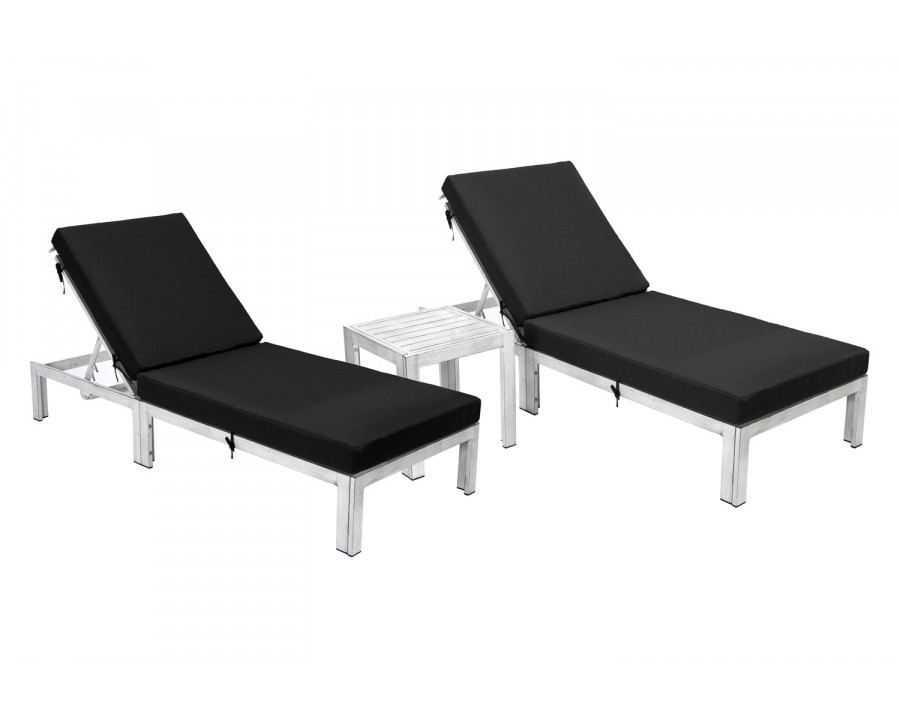 LeisureMod Chelsea Modern Outdoor Weathered Gray Chaise Lounge with Side Table and Cushions (Set Of 2) - Black