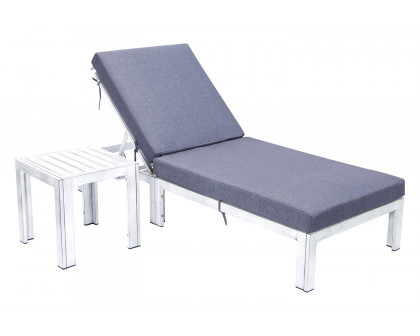 LeisureMod Chelsea Modern Outdoor Weathered Gray Chaise Lounge Chair with Side Table and Cushions