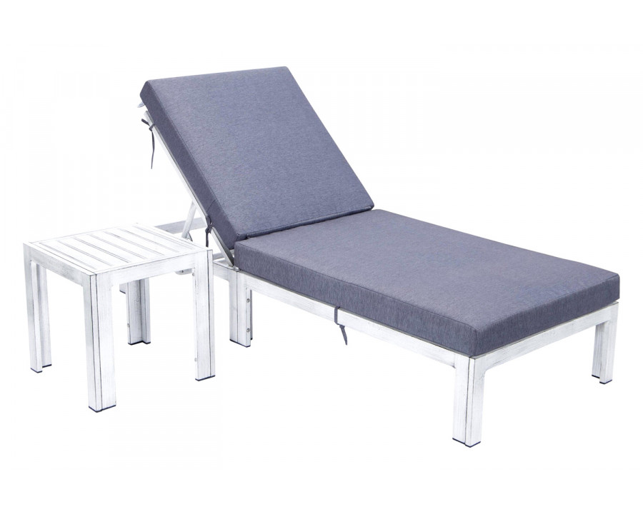 LeisureMod Chelsea Modern Outdoor Weathered Gray Chaise Lounge Chair with Side Table and Cushions - Blue