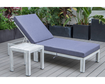 LeisureMod Chelsea Modern Outdoor Weathered Gray Chaise Lounge Chair with Side Table and Cushions - Blue