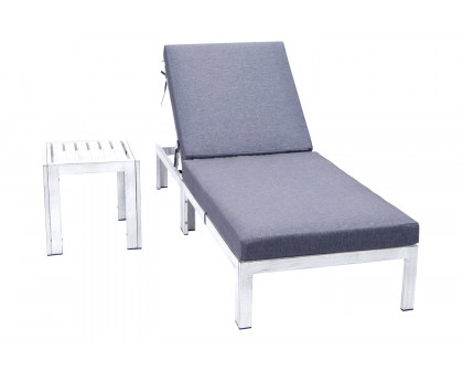 LeisureMod Chelsea Modern Outdoor Weathered Gray Chaise Lounge Chair with Side Table and Cushions - Blue