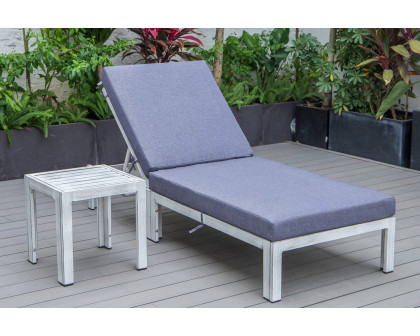 LeisureMod Chelsea Modern Outdoor Weathered Gray Chaise Lounge Chair with Side Table and Cushions - Blue